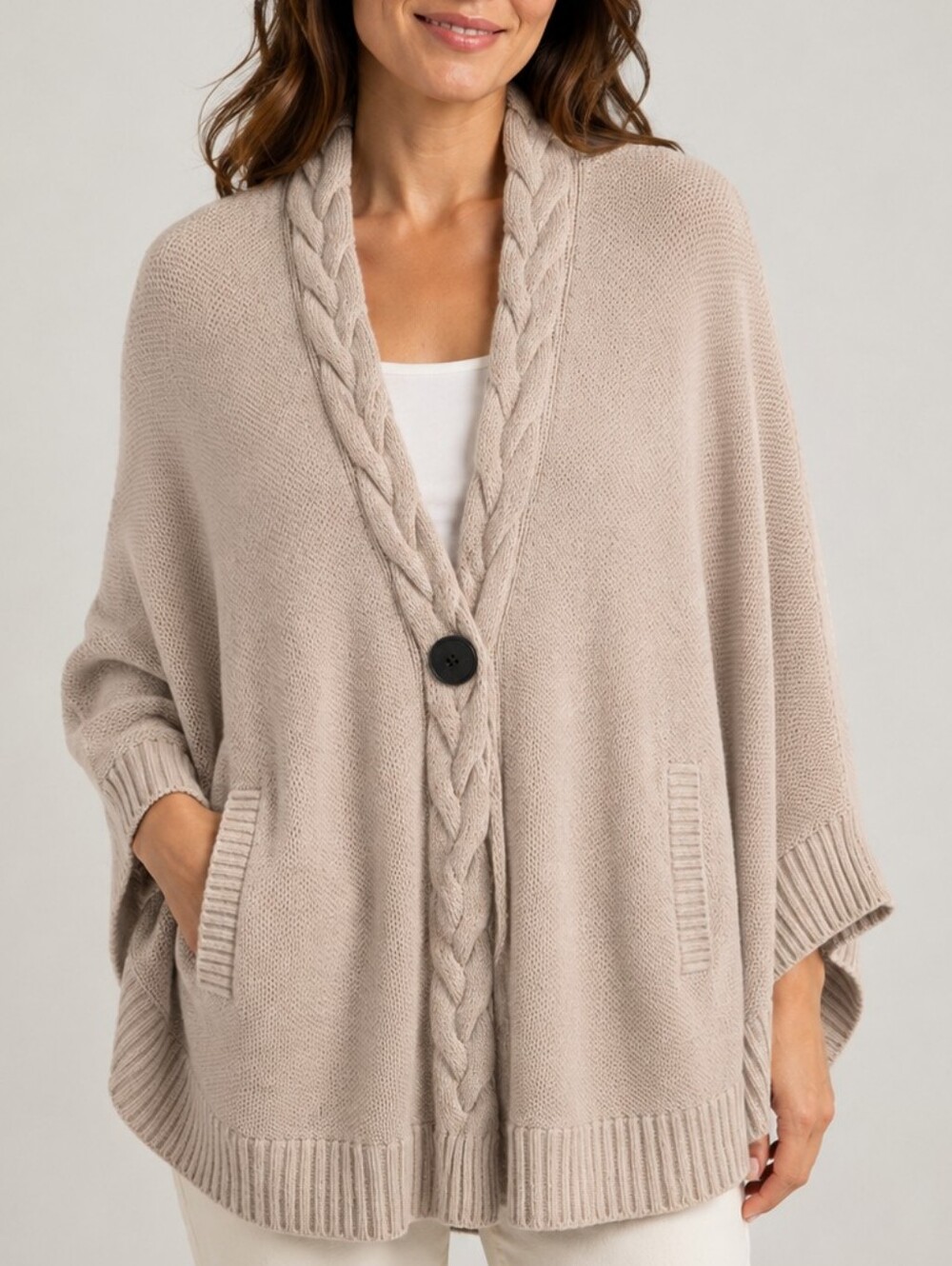 UGG Anjeline Knit Cape Poncho Tan 100% Cotton Women’s M/L Oversized Cable Knit